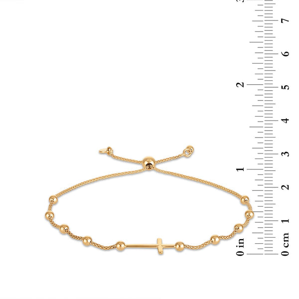 10KT Yellow Gold Bolo Bracelet with polished 3MM beads and a cross station