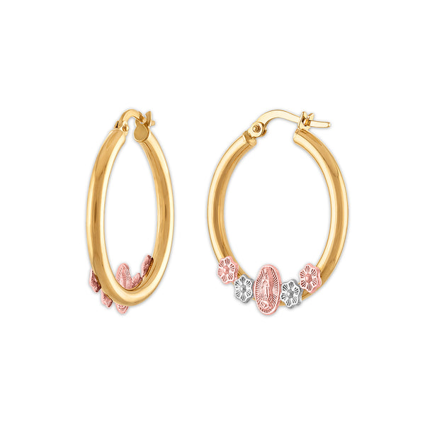 10KT Tri-Color Gold Guadalupe Hoop Earrings