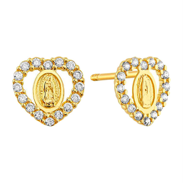 14KT Yellow Gold and Cubic Zirconia Virgin de Guadalupe Heart Earrings