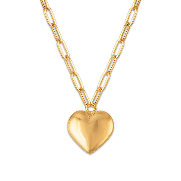 10KT Yellow Gold 18-inch Puffed Heart Pendant with Paperclip Chain