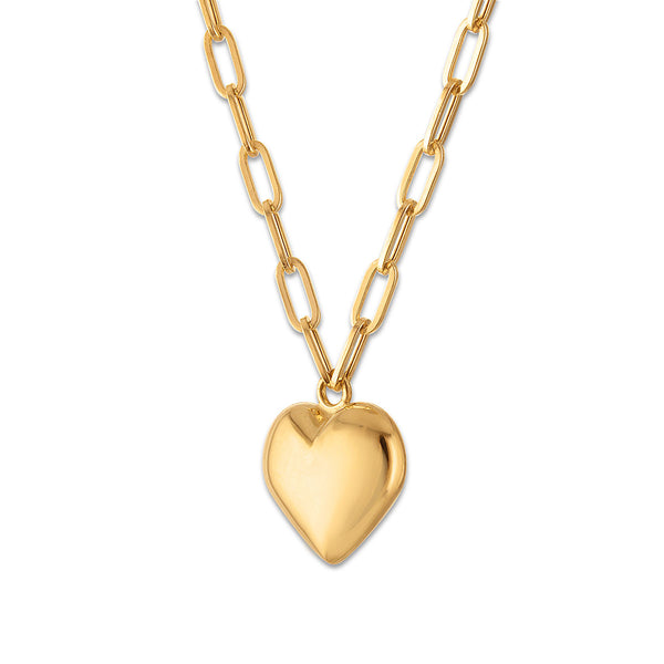 10KT Yellow Gold 18-inch Puffed Heart Pendant with Paperclip Chain
