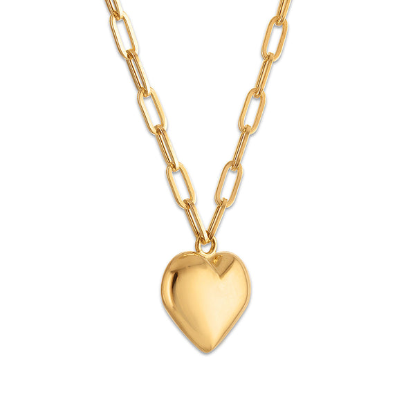 10KT Yellow Gold 18-inch Puffed Heart Pendant with Paperclip Chain