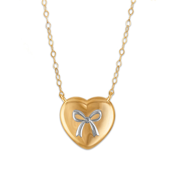 10KT Two-Tone Gold 18-inch Puffed Heart with Bow Necklace