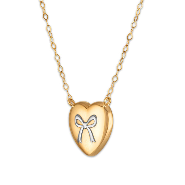 10KT Two-Tone Gold 18-inch Puffed Heart with Bow Necklace