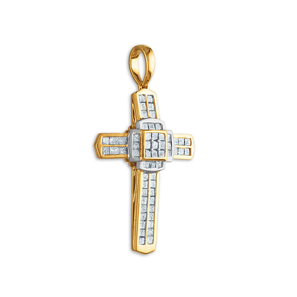10KT White and Yellow Gold 1-1/2 CTW Natural Diamond 43X23MM Cross Pendant. Chain Not Included
