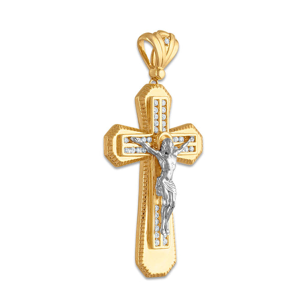 10KT White and Yellow Gold 1/2 CTW Natural Diamond 55X28MM Crucifix Cross Pendant. Chain not Included