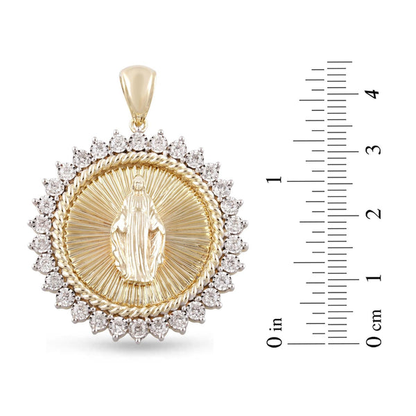 10KT Yellow Gold 1-1/4 CTW Round Natural Diamond 35MM Guadalupe Medal Pendant. Chain Not Included