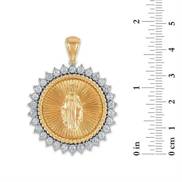 10KT Yellow Gold 1-1/4 CTW Round Natural Diamond 35MM Guadalupe Medal Pendant. Chain Not Included
