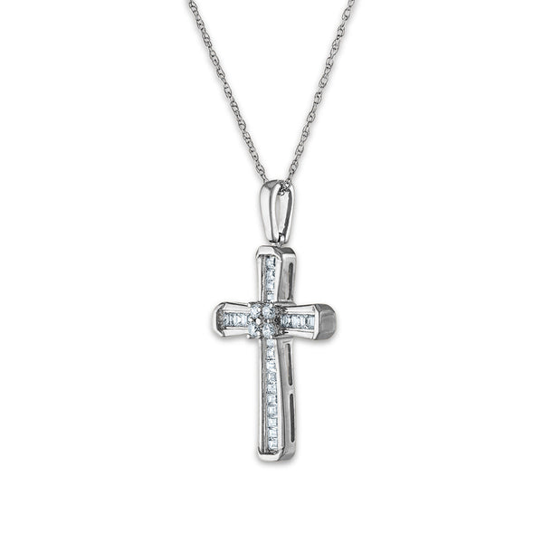 10KT White Gold 1/5 CTW Round Natural Diamond 26X14MM 18-inch Cross Pendant