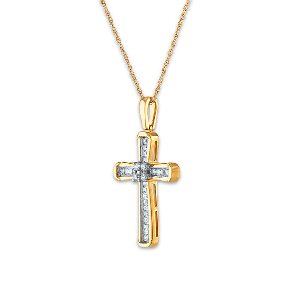 10KT White and Yellow Gold 1/5 CTW Round Natural Diamond 26X14MM 18-inch Cross Pendant
