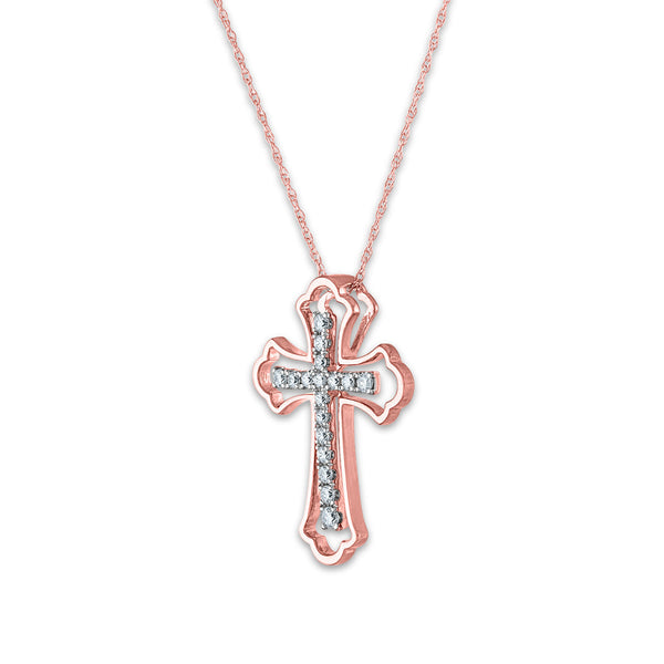 10KT White and Rose Gold 1/4 CTW Natural Diamond 24X17MM 18-inch Cross Pendant