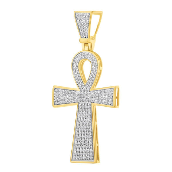 10KT Yellow Gold 1 CTW Natural Diamond 53X24MM Ankh Cross Pendant. Chain Not Included