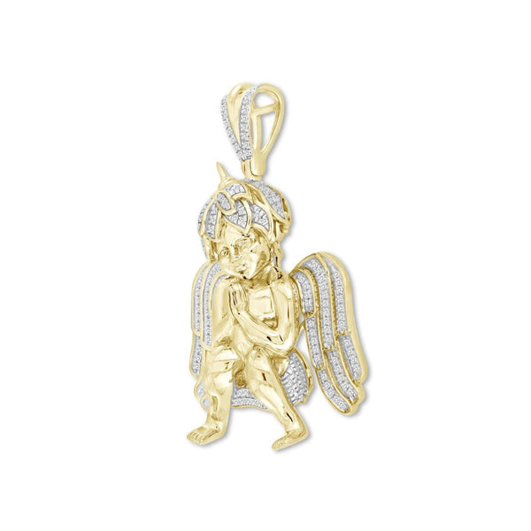 10KT Yellow Gold 3/8 CTW Natural Diamond 44X27MM Praying Angel Cherub Charm. Chain not Included