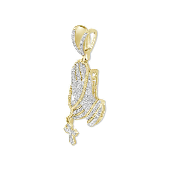 10KT Yellow Gold 1/3 CTW Natural Diamond 39X13MM Praying Hand With Rosary Charm. Chain not Included