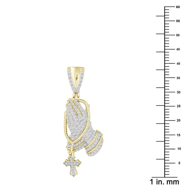 10KT Yellow Gold 1/3 CTW Natural Diamond 39X13MM Praying Hand With Rosary Charm. Chain not Included