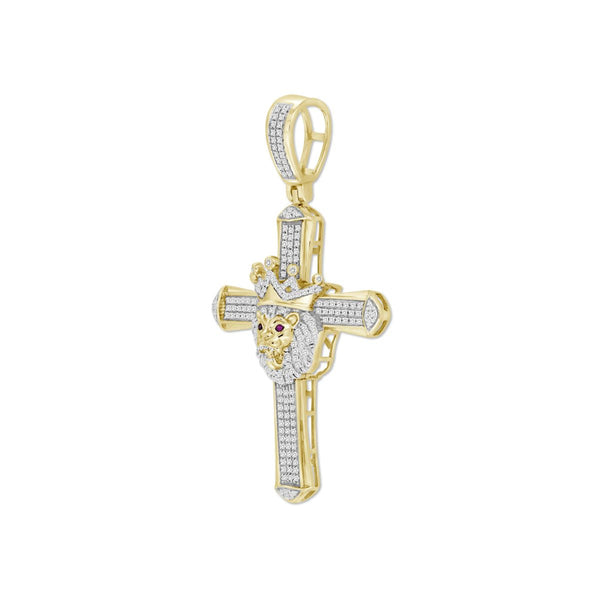 10KT Yellow Gold 1/2 CTW Natural Diamond 56X30MM Cross Crown Lion Charm. Chain not Included