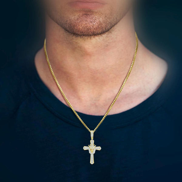 10KT Yellow Gold 1/2 CTW Natural Diamond 56X30MM Cross Crown Lion Charm. Chain not Included