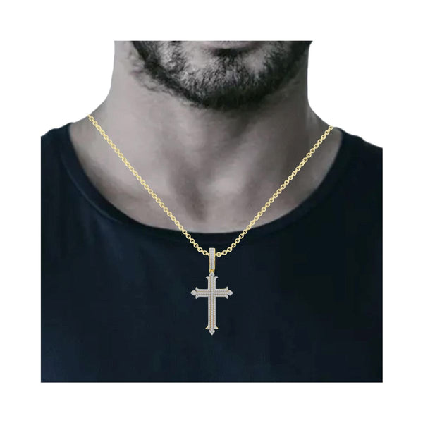 1 CTW Natural Diamond 52X26MM Cross Pendant in 10KT Yellow Gold. Chain Not Included