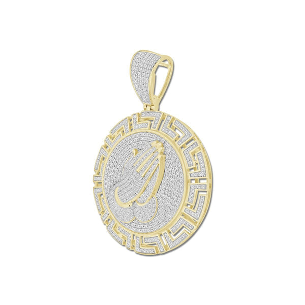 10KT Yellow Gold 1-1/5 CTW Natural Diamond 49X34MM Praying Hand Medal Charm. Chain not Included