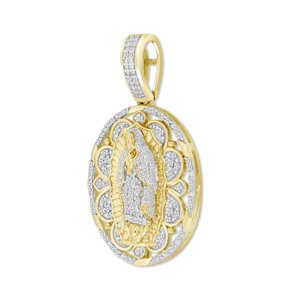 Titán by Adrian Gonzalez 10KT Yellow Gold 1/6 CTW Natural Diamond 32X17MM Guadalupe Medallion Pendant. Chain Not Included