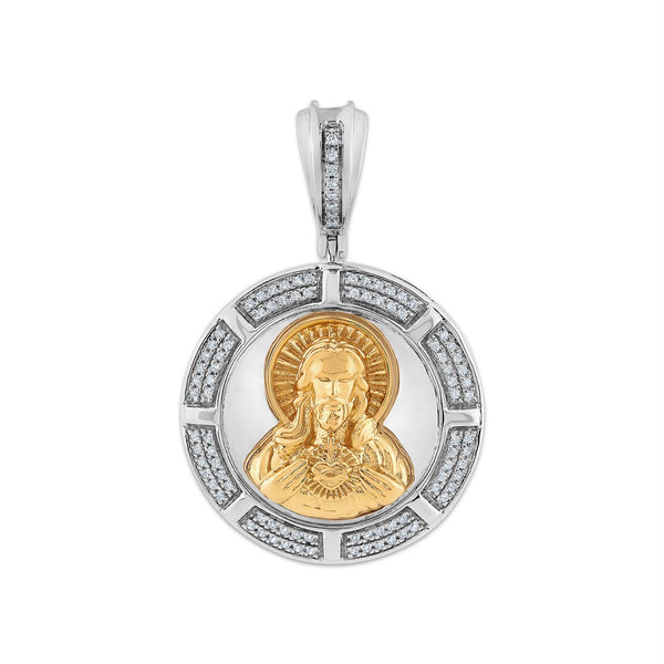 Gold Vermeil 1/4 CTW Lab Grown Diamond 36X23MM Sacred Heart Medallion Pendant. Chain not Included.