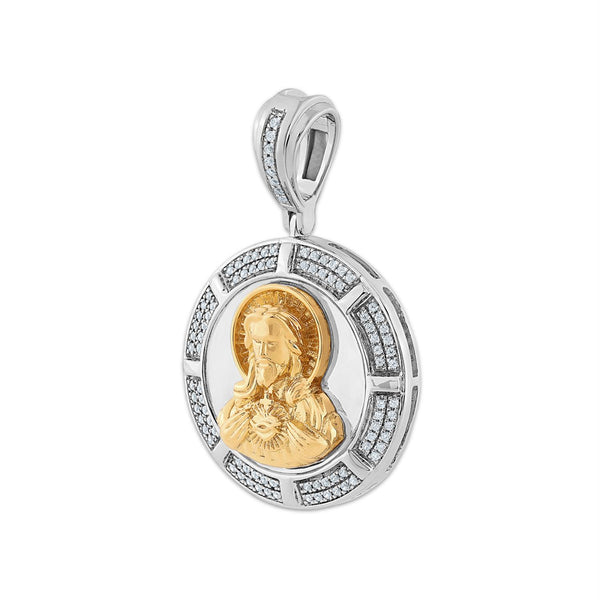 Gold Vermeil 1/4 CTW Lab Grown Diamond 36X23MM Sacred Heart Medallion Pendant. Chain not Included.