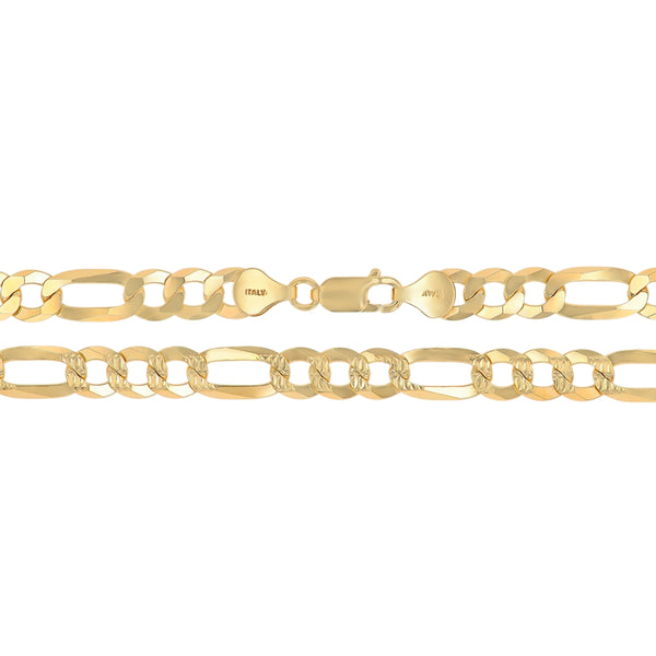 14KT Yellow Gold Plated Sterling Silver 22-inch 7.5MM Pave Figaro Chain