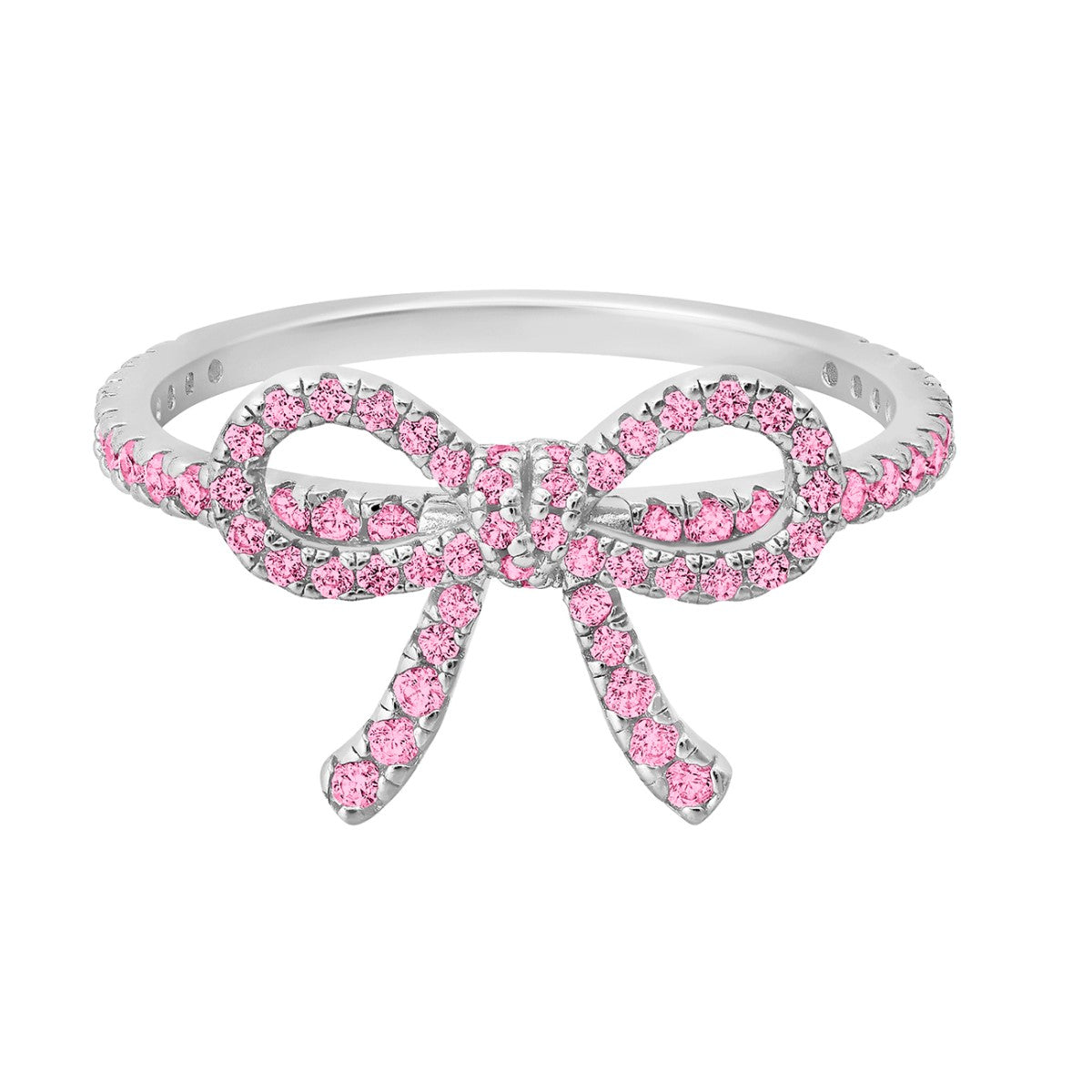 Crislu Pink Cubic Zirconia Fairy-Tale Bow Ring in Platinum Plated Sterling Silver. Size 7