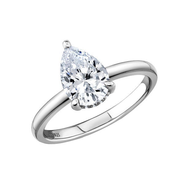 Crislu Platinum Plated Sterling Silver and Pear Cubic Zirconia Solitaire Ring. Size 7
