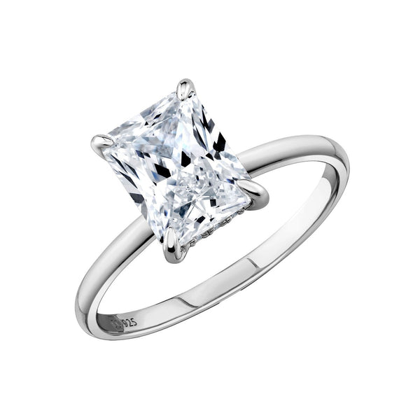 Crislu Platinum Plated Sterling Silver and Radiant Cut Cubic Zirconia Solitaire Ring. Size 7