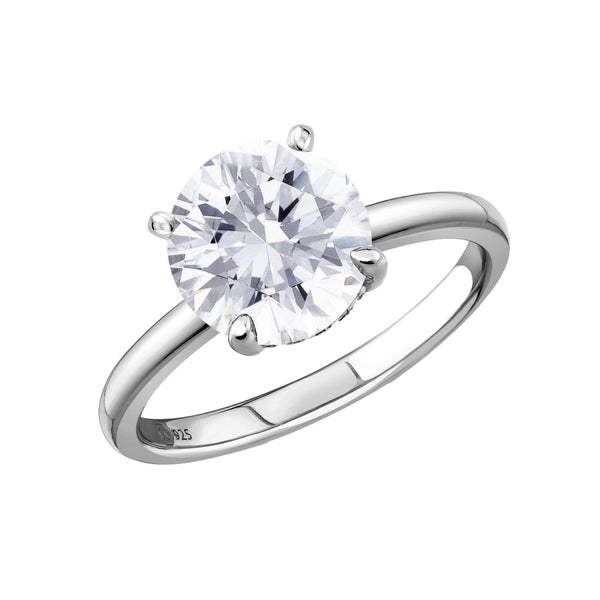Crislu Platinum Plated Sterling Silver and Round Cubic Zirconia Solitaire Ring. Size 7