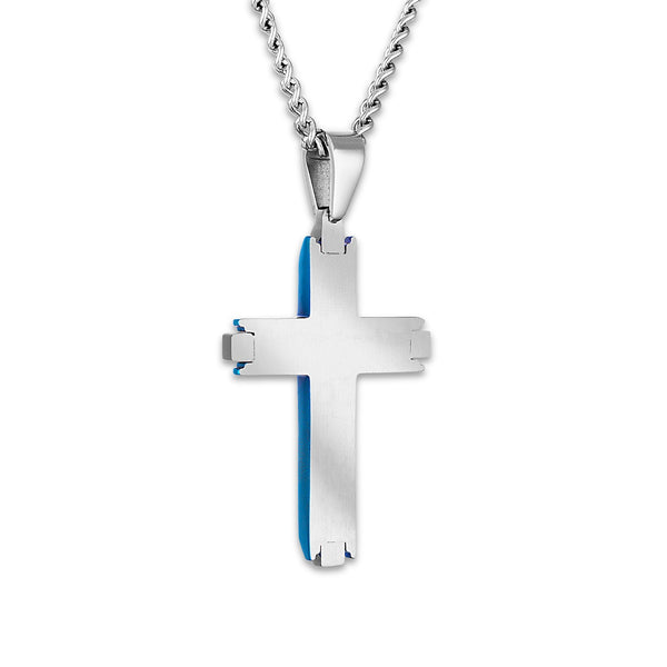 Blue Stainless Steel 1/50 CTW Natural Diamond 60X32MM 24-inch Cross Pendant