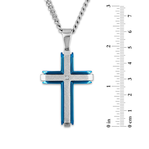 Blue Stainless Steel 1/50 CTW Natural Diamond 60X32MM 24-inch Cross Pendant