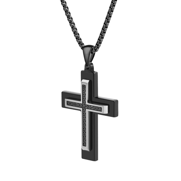 Titán by Adrian Gonzalez Black Stainless Steel 1/4 CTW Natural Diamond 29X40MM 24-inch Cross Pendant