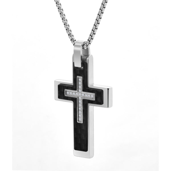 Titán by Adrian Gonzalez Stainless Steel 1/10 CTW Natural Diamond 27X42MM 24-inch Carbon Fiber Cross Pendant