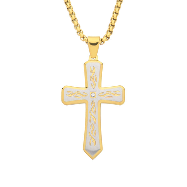 Natural Diamond Accent 24-inch Cross Pendant in 18KT Gold IP Stainless Steel