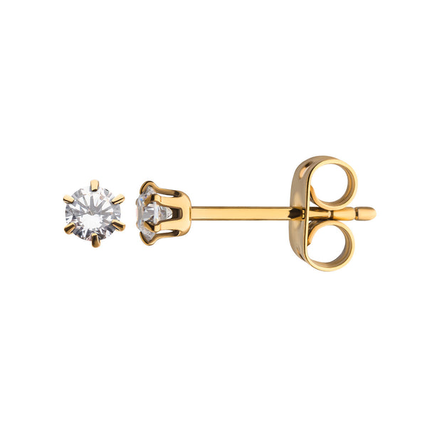Inox Gold Plated Titanium and 3MM Cubic Zirconia Stud Earrings