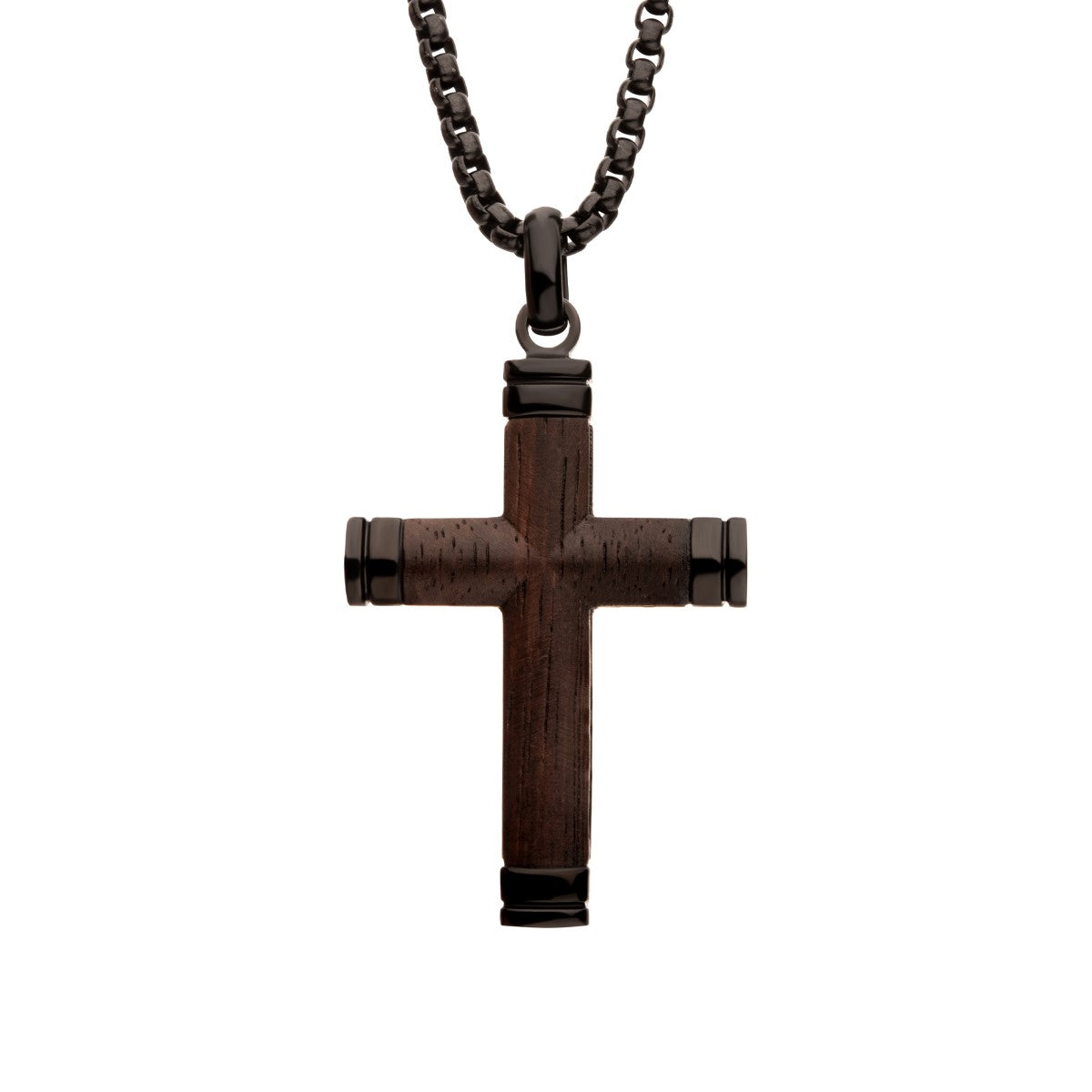 Inox 24-inch Black IP Stainless Steel Ebony Wood Cross Pendant