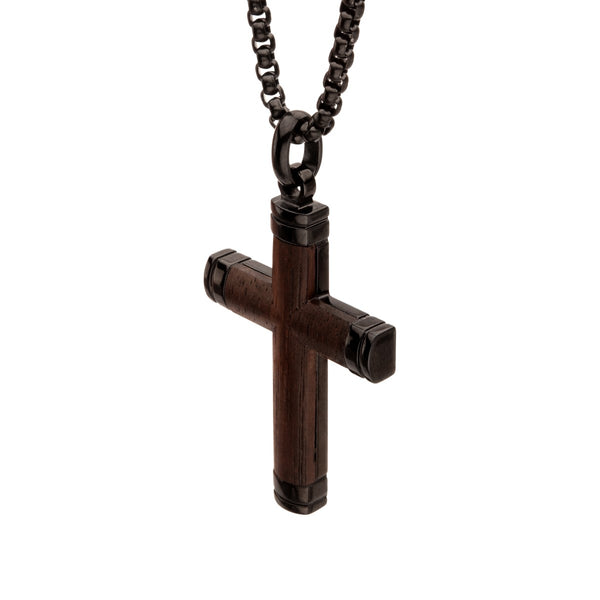 Inox 24-inch Black IP Stainless Steel Ebony Wood Cross Pendant