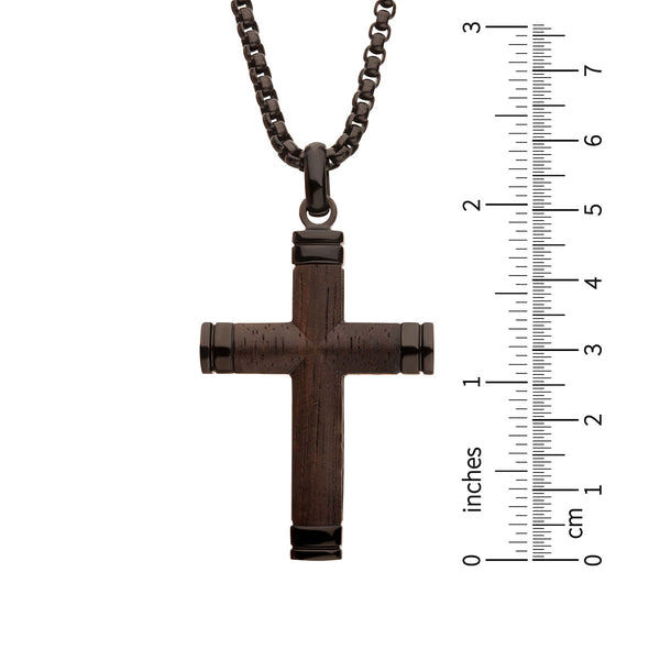 Inox 24-inch Black IP Stainless Steel Ebony Wood Cross Pendant