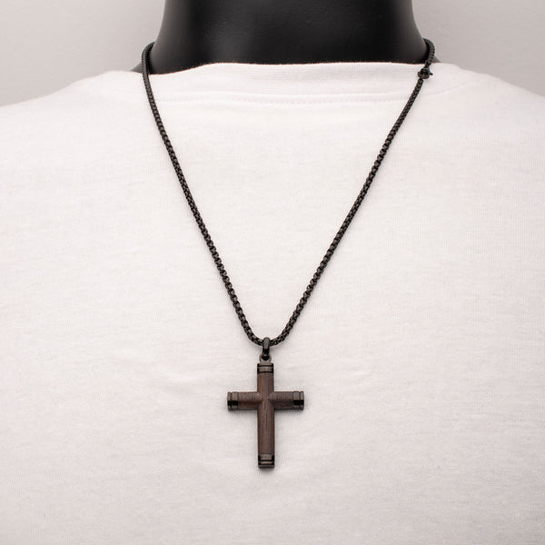 Inox 24-inch Black IP Stainless Steel Ebony Wood Cross Pendant