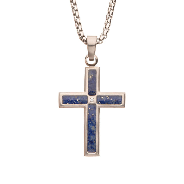 Inox Diamond Accent 22-inch Blue Lapis Cross Pendant in Stainless Steel