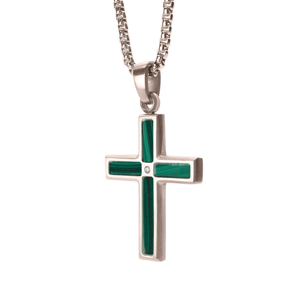 Inox Diamond Accent 22-inch Malachite Cross Pendant in Stainless Steel