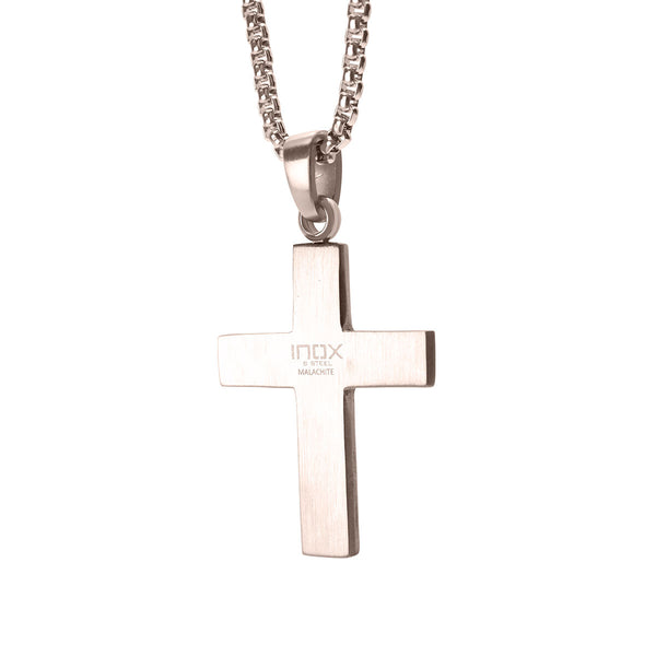Inox Diamond Accent 22-inch Malachite Cross Pendant in Stainless Steel