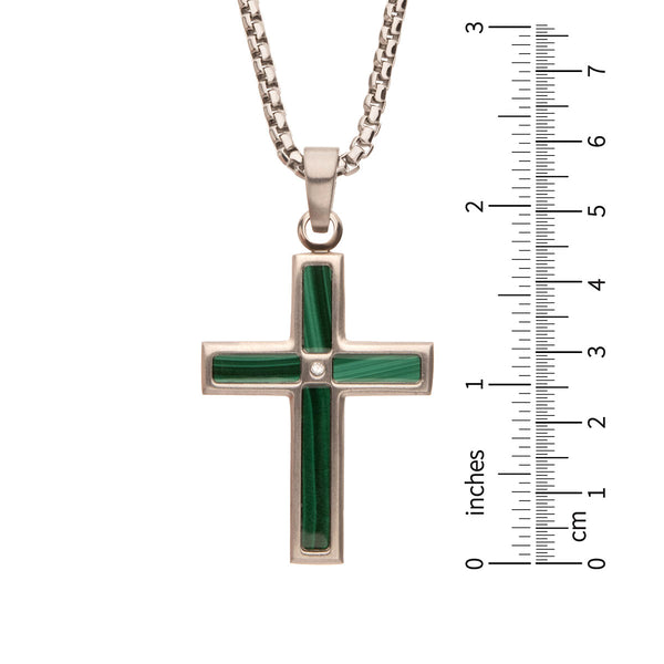 Inox Diamond Accent 22-inch Malachite Cross Pendant in Stainless Steel