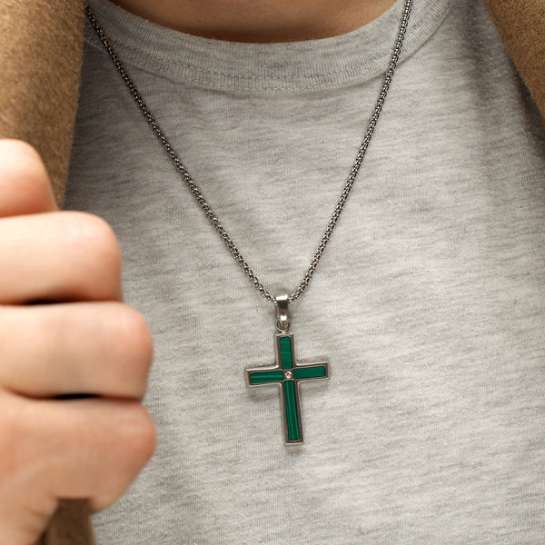 Inox Diamond Accent 22-inch Malachite Cross Pendant in Stainless Steel