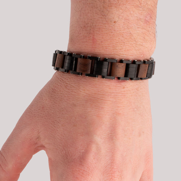 Inox Walnut Wood and Black IP Stainless Steel 8.5-inch Adjustable Bracelet