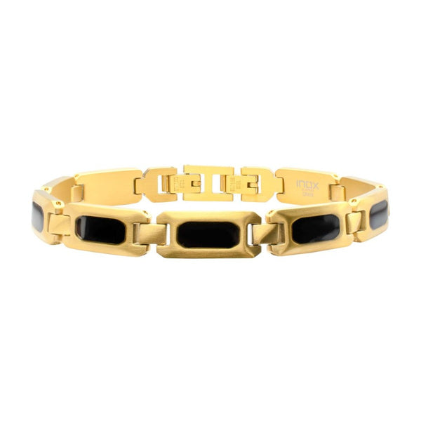 Inox 18KT Gold IP Stainless Steel Onyx Inlay 8.5-inch Bracelet