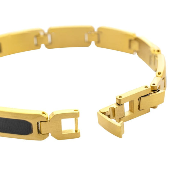 Inox 18KT Gold IP Stainless Steel Onyx Inlay 8.5-inch Bracelet