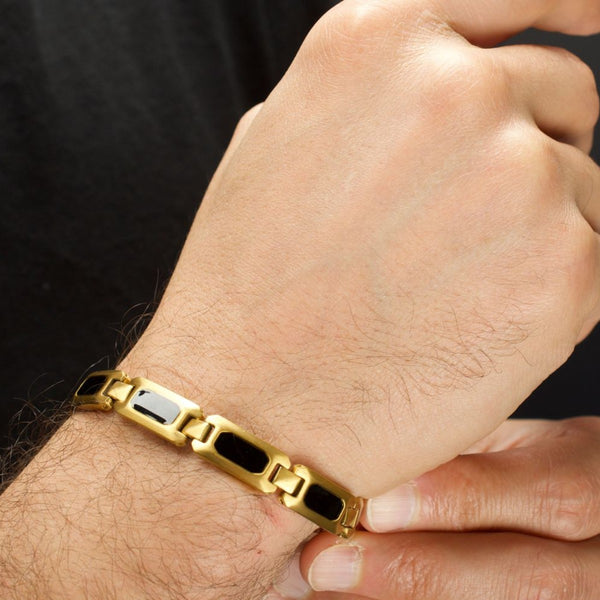Inox 18KT Gold IP Stainless Steel Onyx Inlay 8.5-inch Bracelet